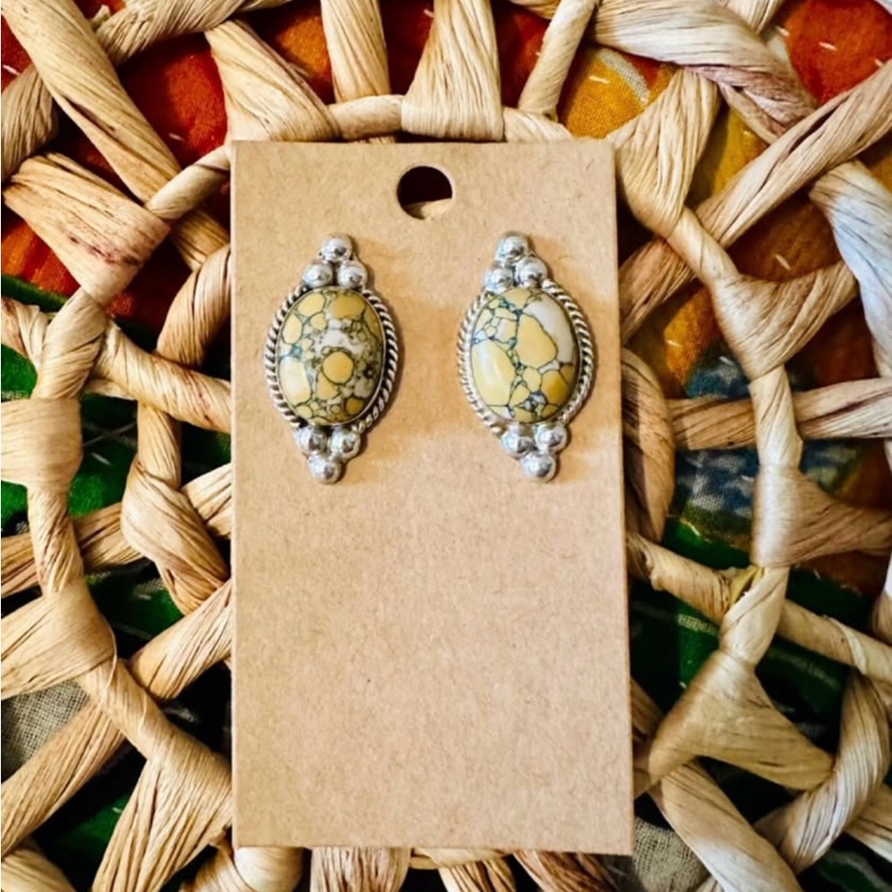 Vintage Venice 525 Silver Picture Jasper Stud Earrings — Rope Bezel, Boho Chic